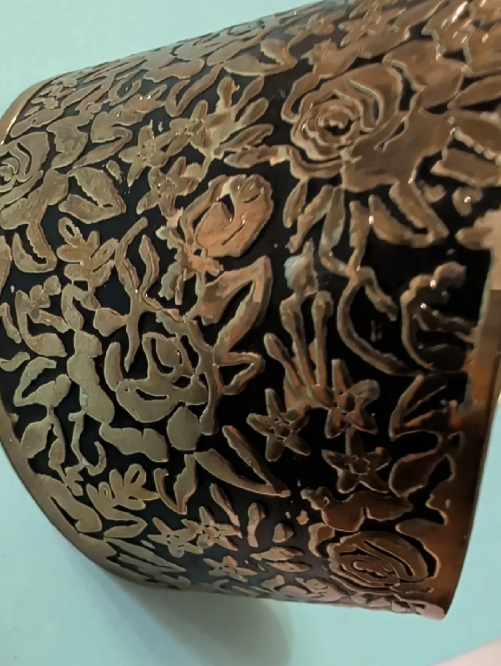 Handcrafted Floral Embossed Wide Cuff Bracelet - Bronze Tone - Picture 11 of 11
